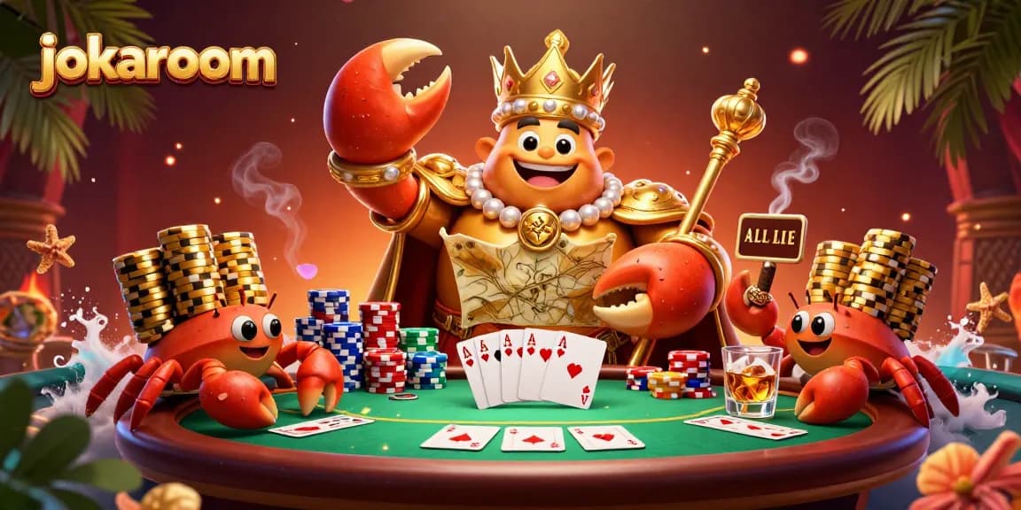 Experience thrilling poker action at jokaroom with a golden crab emperor overseeing a vibrant casino scene.