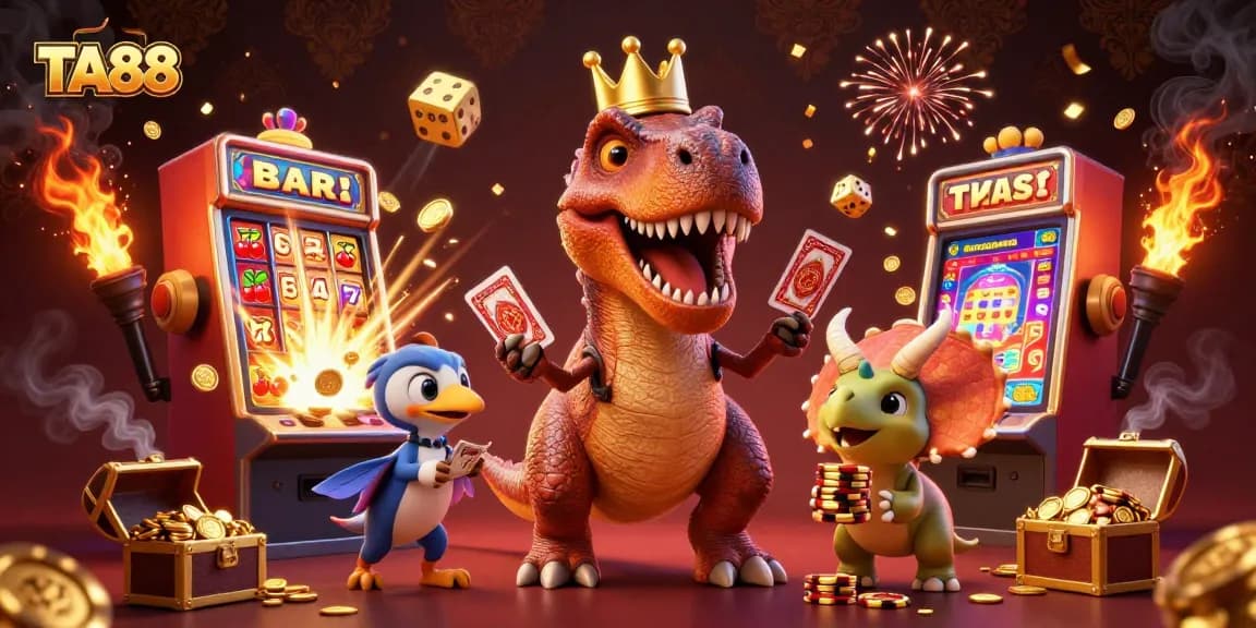 TA88 showcases highly interactive gambling fun with T-Rex, pterodactyl, and triceratops amidst a jackpot explosion.