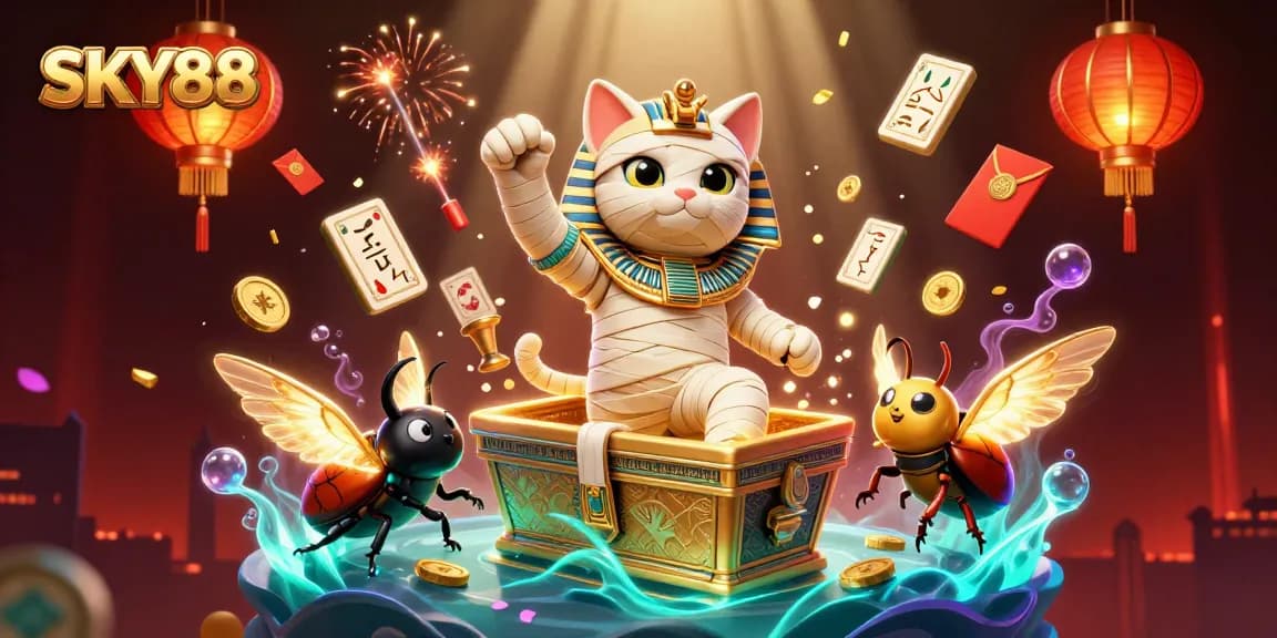 Experience thrilling gameplay at SKY88's vibrant pyramid casino with captivating characters and elements.