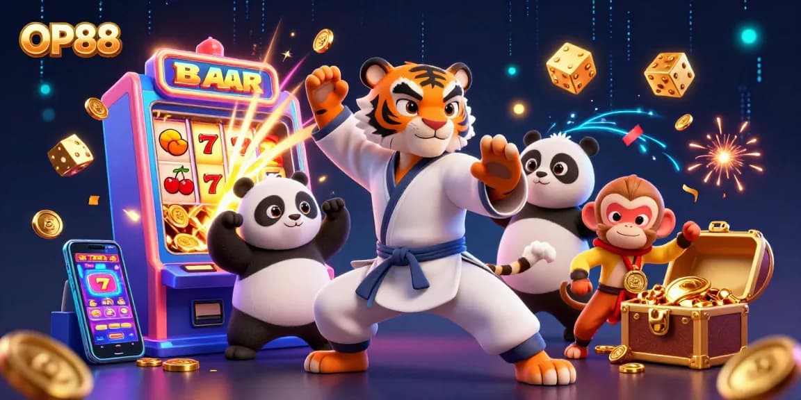 Experience exciting winnings at OP88 with a vibrant 3D casino scene full of action.