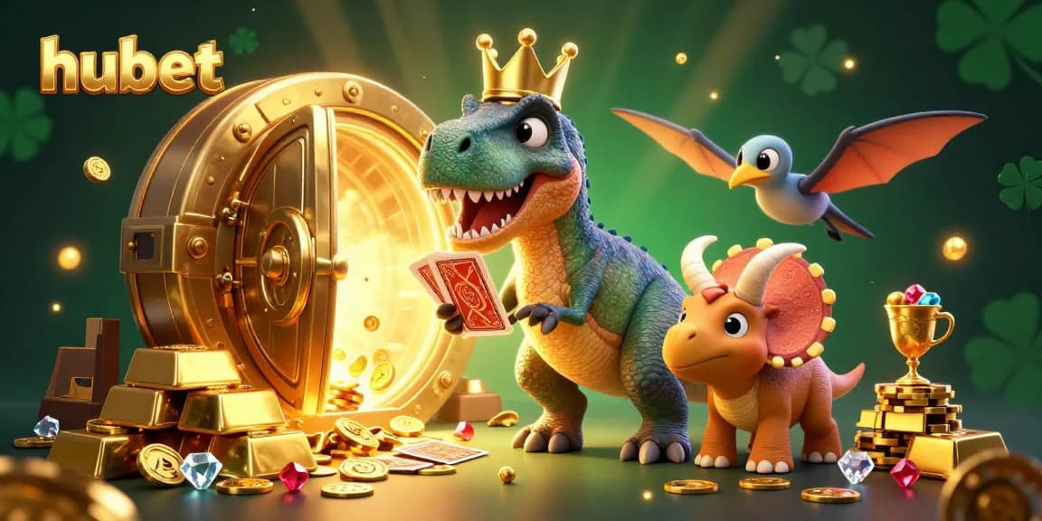 hubet offers thrilling card games, with a friendly T-Rex shuffling cards, captivating players in a glittering casino.