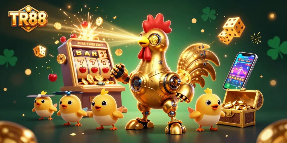 Experience excitement at TR88 with a vibrant jackpot scene and a futuristic rooster robot.