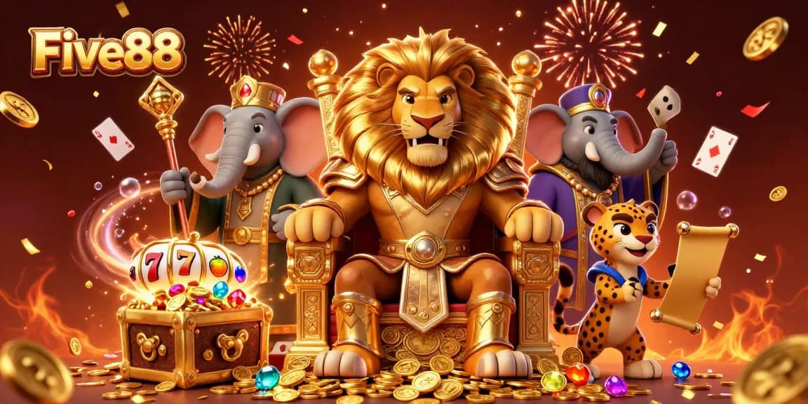 Experience the thrill at Five88 with a fierce lion king, celebrating explosive wins amidst vibrant gaming elements.