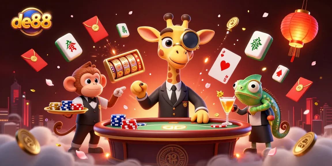 Experience the thrilling games at de88 with a high-roller giraffe, monkey valet, and chameleon bartender at a vibrant casino scene.