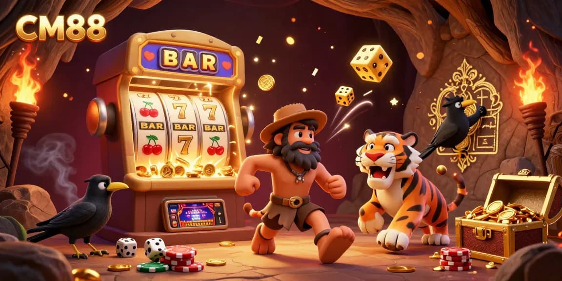 Experience lively casino gaming with CM88 featuring a caveman, sabertooth tiger, and crow in a vibrant 3D scene.