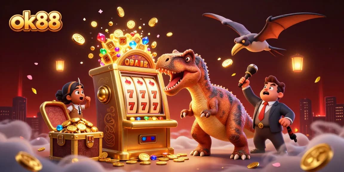 Dynamic ok88 gaming scene with a dinosaur hitting a slot machine for jackpots and gold coins.