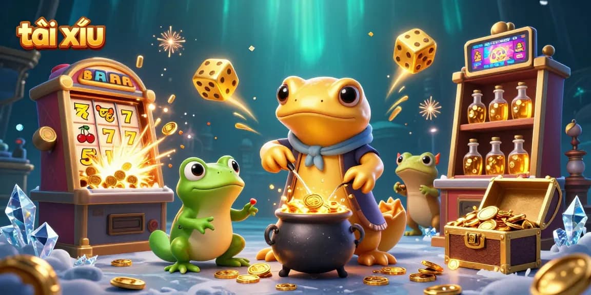 Experience the thrill of tài xỉu in an immersive 3D casino illustration bursting with gold