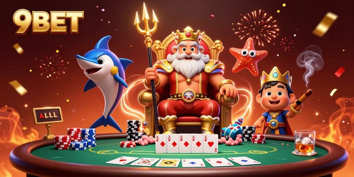 Engage with 9BET in this vibrant casino scene featuring Neptune and poker elements.