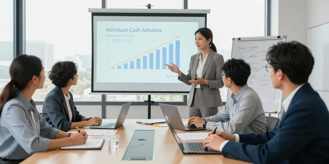 Group discussing merchant cash advance benefits in a professional setting.