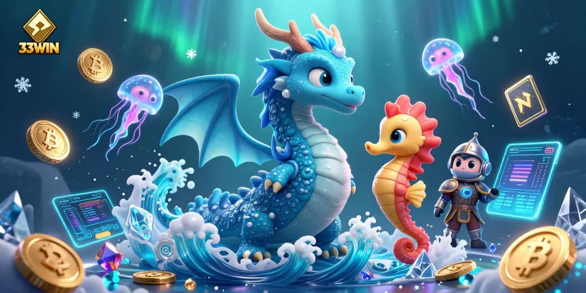 Engage with 33WIN's vibrant casino adventure featuring a mystical underwater scene and crypto elements.