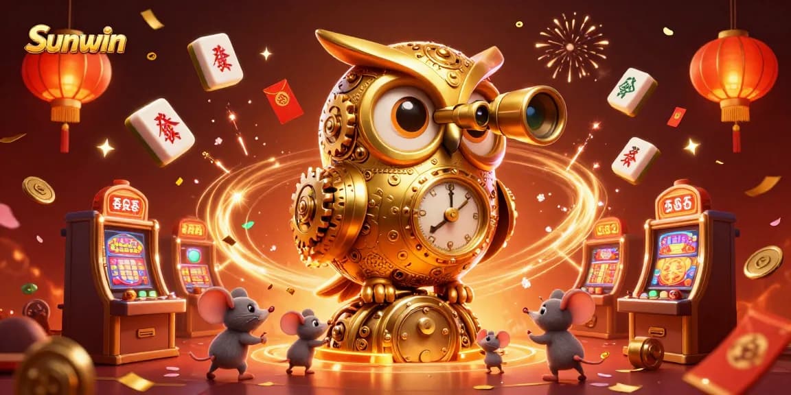 Experience Sunwin's immersive casino world with our 3D illustration of a golden owl overseeing bustling slot machines.