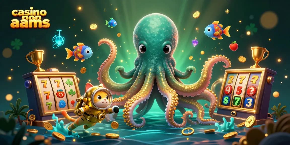 Interagisci con i casinò non AAMS attraverso una vivace avventura sott'acqua che presenta un kraken e un gatto subacqueo tra elementi di gioco vibranti.