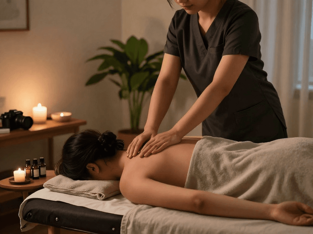 Enjoying a soothing 출장마사지 at home with a professional therapist.