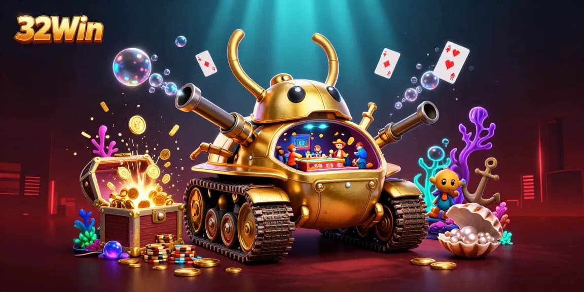 Experience the vibrant energy of 32Win with a 3D depiction of a casino in a golden beetle tank.