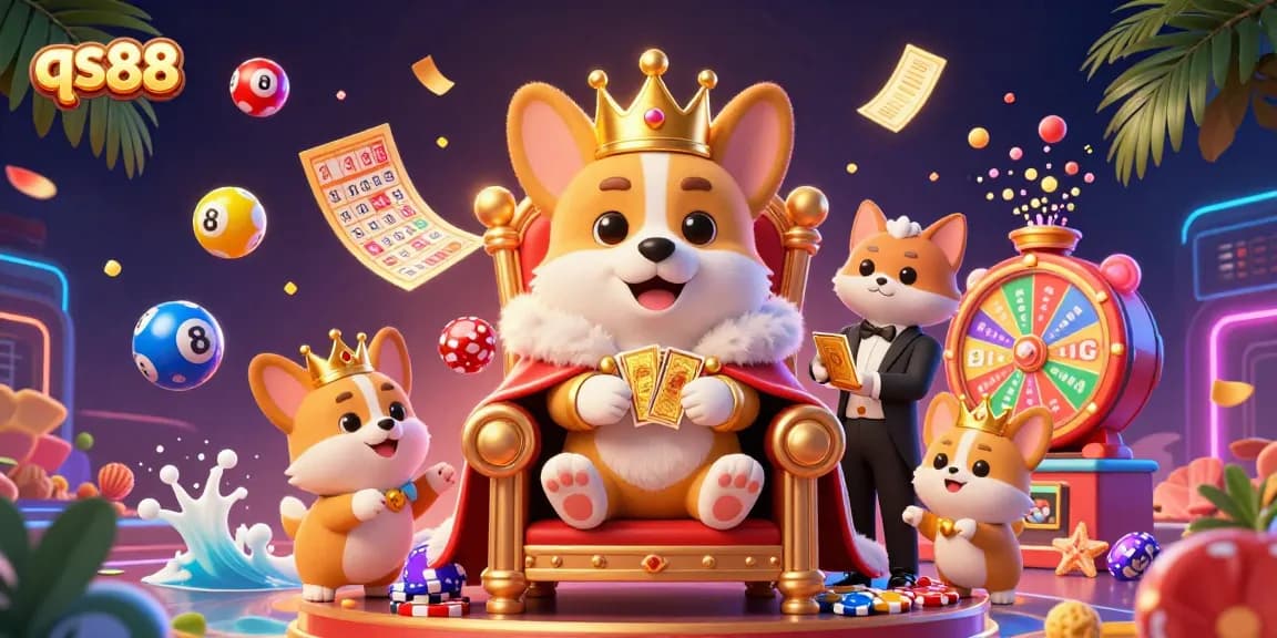 Engage with the vibrant qs88 casino scene featuring a royal corgi, colorful lottery elements, and dynamic gaming excitement.