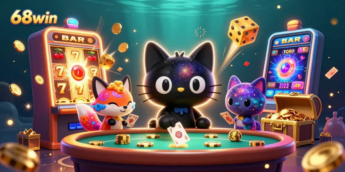 Experience the excitement of 68win with vibrant 3D characters amidst dynamic casino elements.