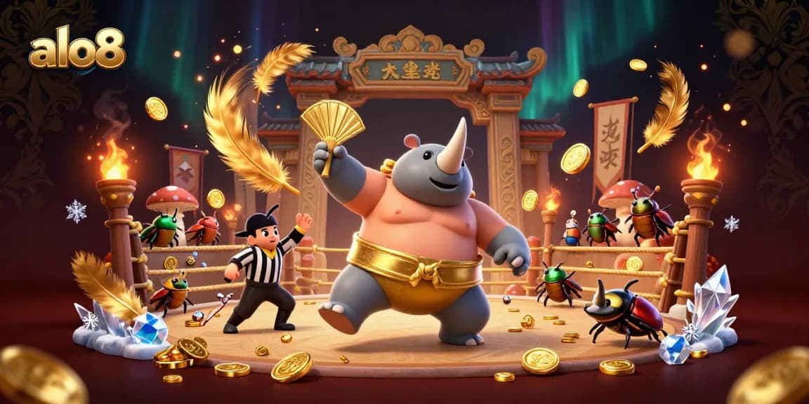Spin and win at alo8 with the sumo beetle champion's powerful stomp as gold coins fly
