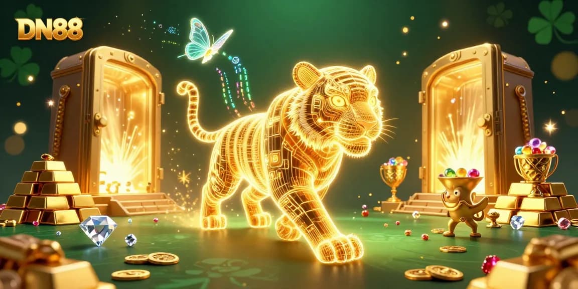 Experience the thrill of DN88 with a golden tiger and dazzling treasures in a vibrant casino.