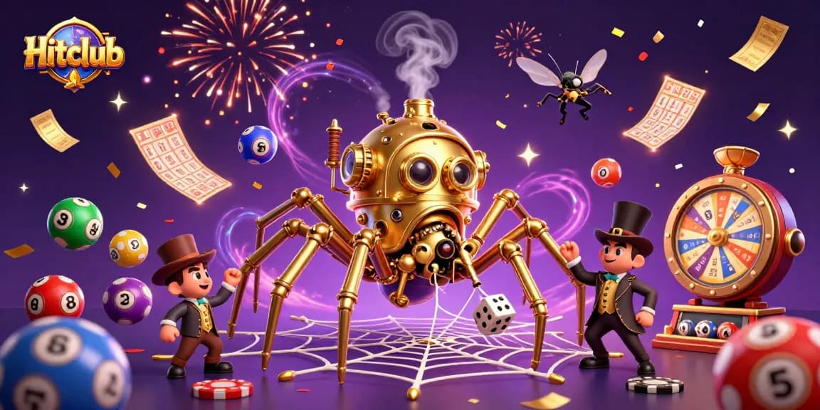 Hitclub’s vibrant casino scene featuring a golden spider and dynamic gaming elements.