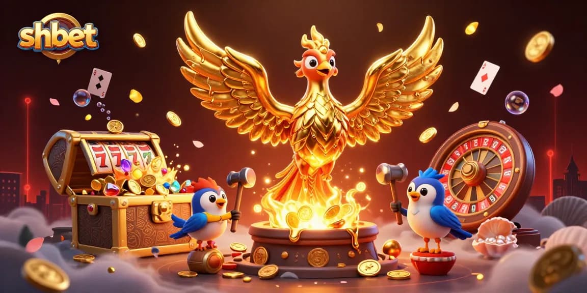 Engage with shbet's thrilling casino games featuring a molten golden phoenix surrounded by slot reels and coins.