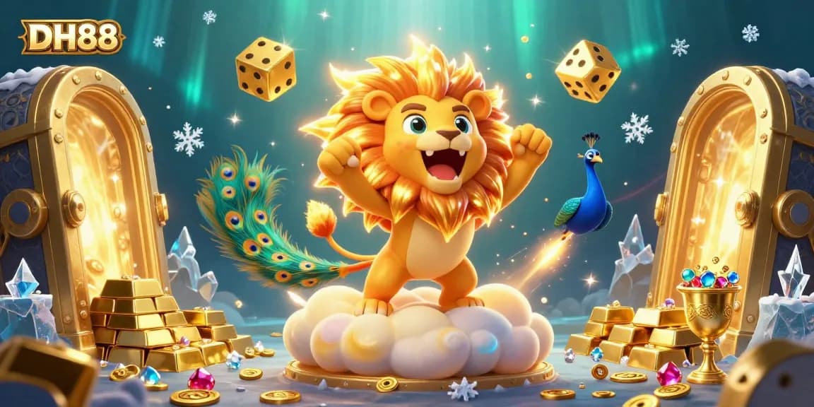 Experience thrilling wins at DH88 with a vibrant casino scene filled with golden dice and treasures.