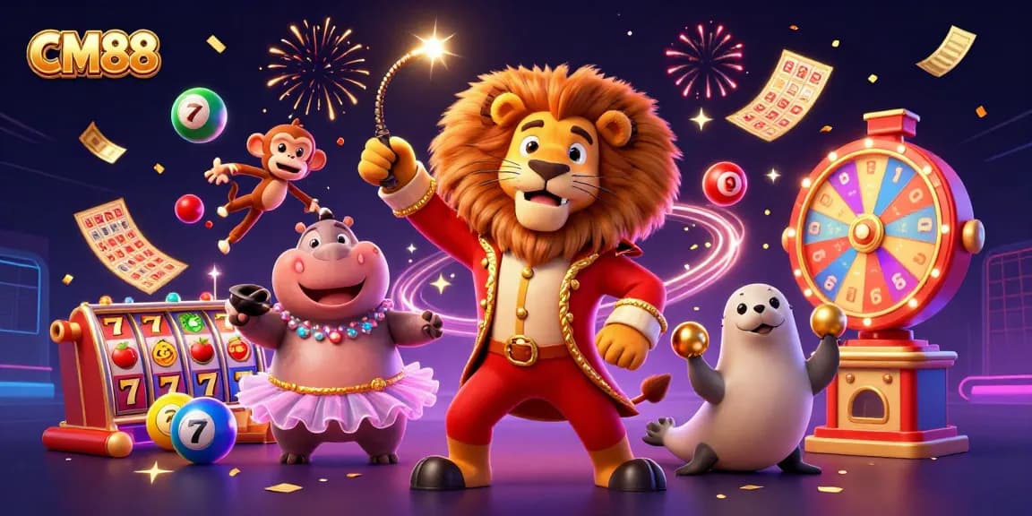Engage with CM88's vibrant gaming world featuring dazzling elements from slots and lottery games.