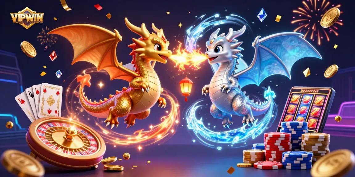 Experience VIPWIN's vibrant gameplay featuring gold and silver dragons amidst sparkling casino elements.