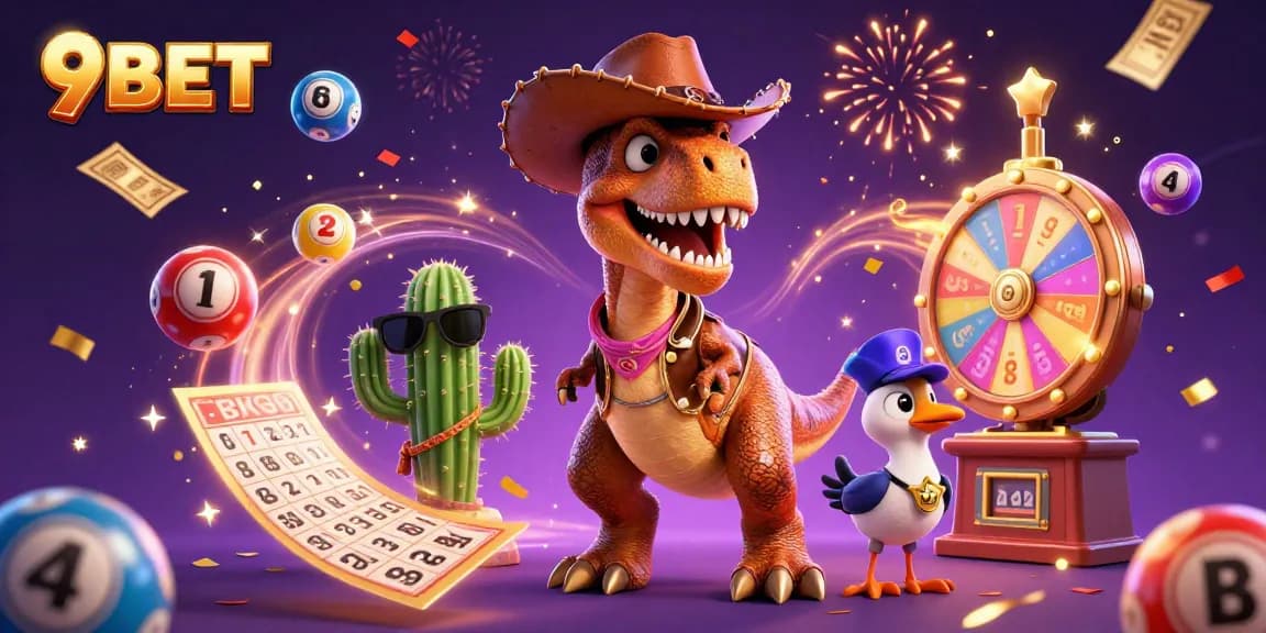 Engage with 9BET's thrilling casino experience featuring a dynamic T-Rex and lottery games.