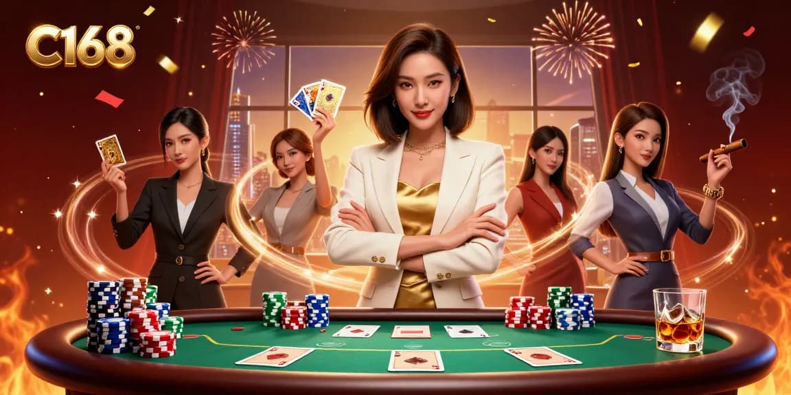 Join the excitement at C168 with a powerful businesswoman in casino elegance, surrounded by poker gameplay.