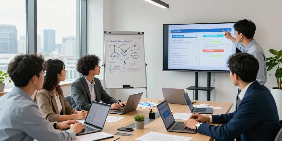 Collaborative team discussing business mobile deals UK in a modern conference room with documents and laptops.