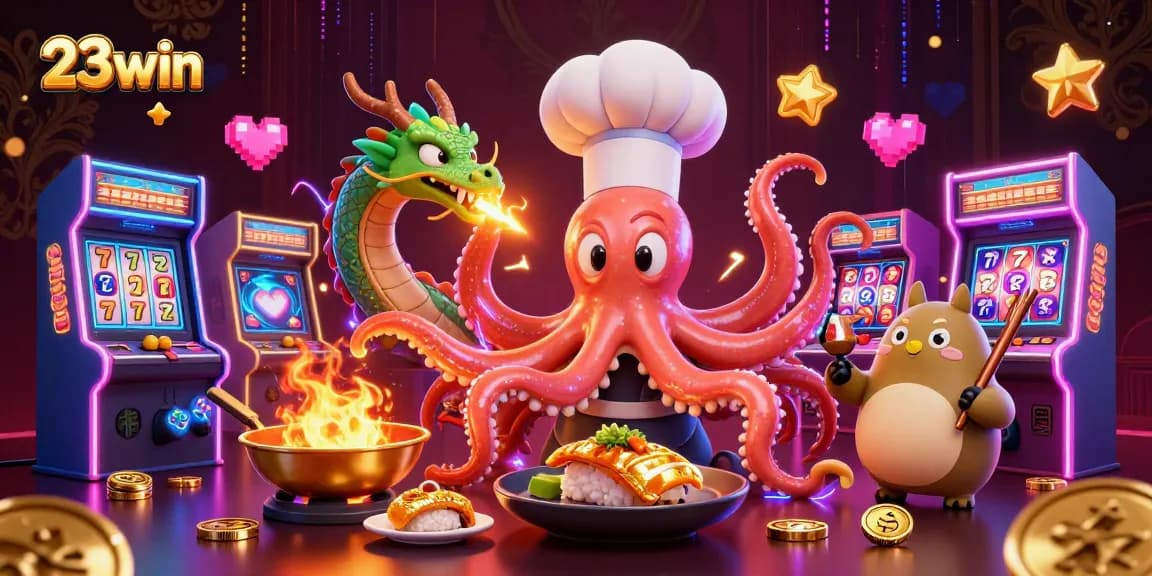 Experience the thrill of winning at 23win with an exciting casino-themed illustration showcasing vibrant characters and slot elements.