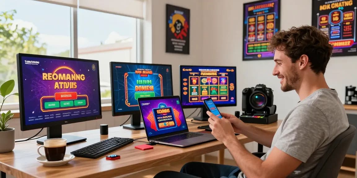 Giocatore che si gode un'esperienza da casino non AAMS a casa con schermi di gioco vivaci e decorazioni moderne.