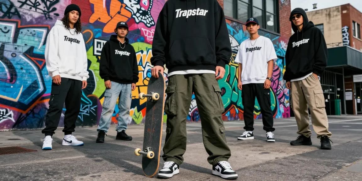 Persona in stile Trapstar streetwear su una strada urbana con graffiti vivaci, che mostra la cultura giovanile e la moda.