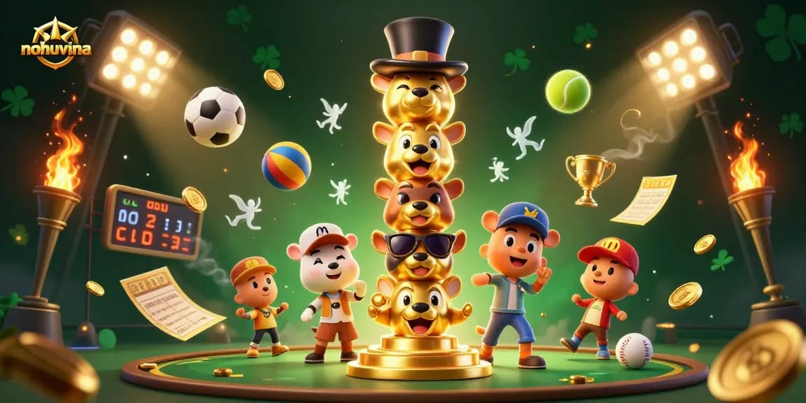 Join the action at nohuvina with vibrant casino characters, sports elements, and dazzling gold accents.