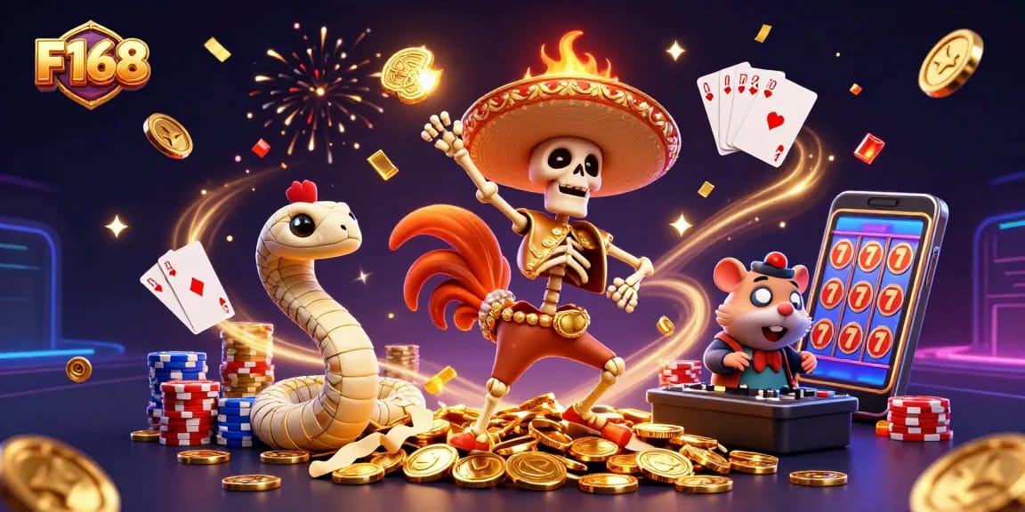 F168 casino victory scene featuring lively characters dancing on gold coins and gaming symbols.