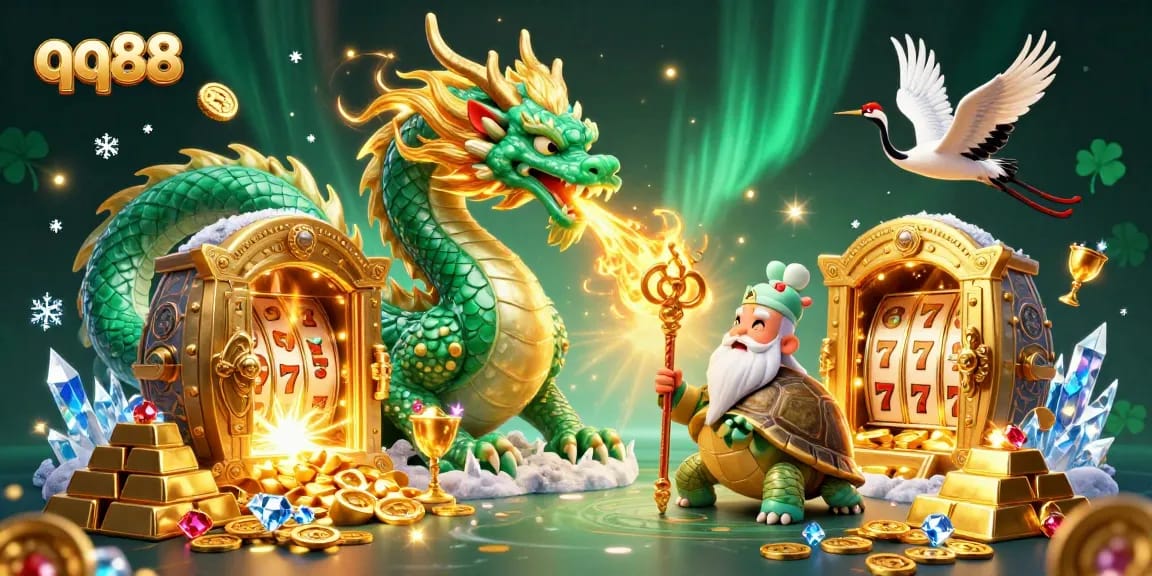 Experience vibrant qq88 casino action with jade dragon and treasure in a dynamic 3D illustration.