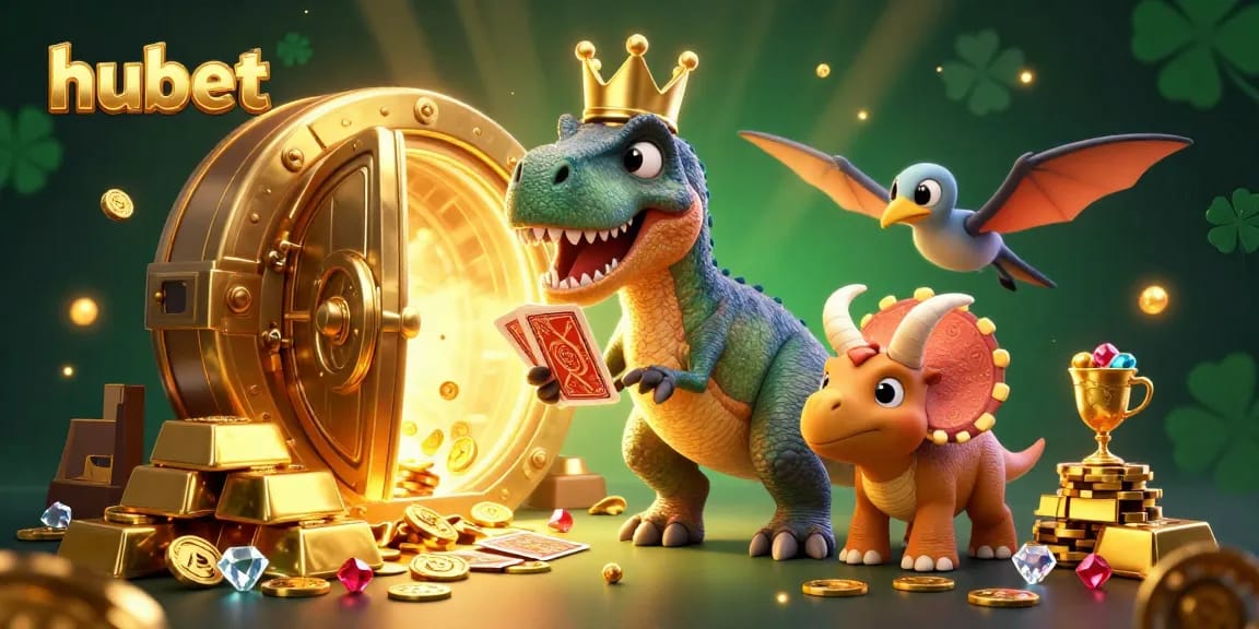 hubet offers thrilling card games, with a friendly T-Rex shuffling cards, captivating players in a glittering casino.
