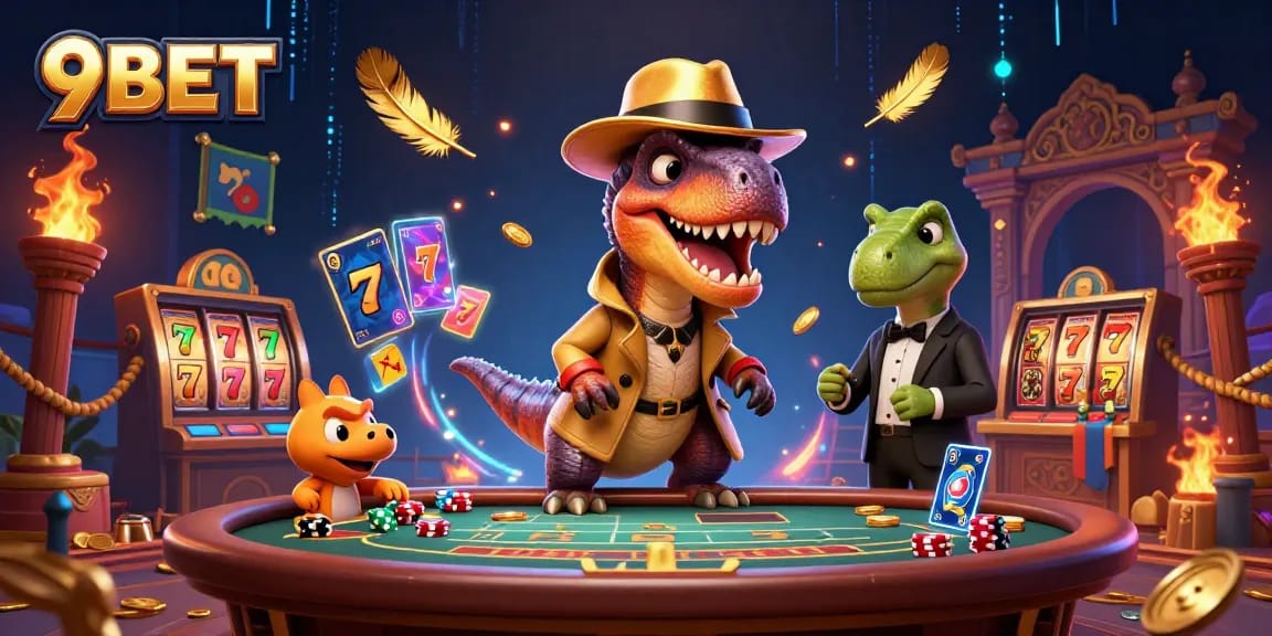 Experience 9BET's thrilling blackjack scene with a velociraptor card counter amidst gold coins and dazzling fireworks.