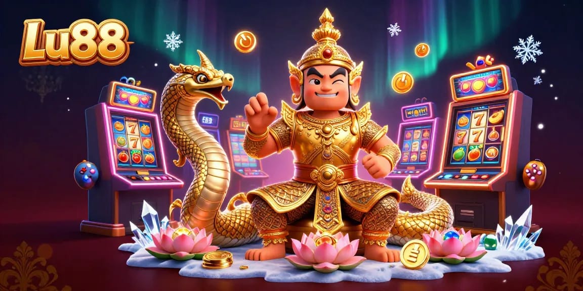 Experience excitement at Lu88 with a vibrant 3D illustration of games and golden characters.