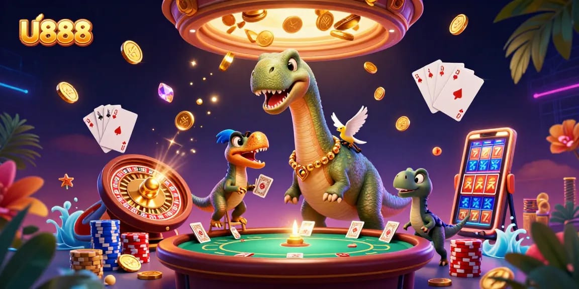 Experience the thrill of U888 with vibrant casino elements and colorful characters in an engaging 3D scene.