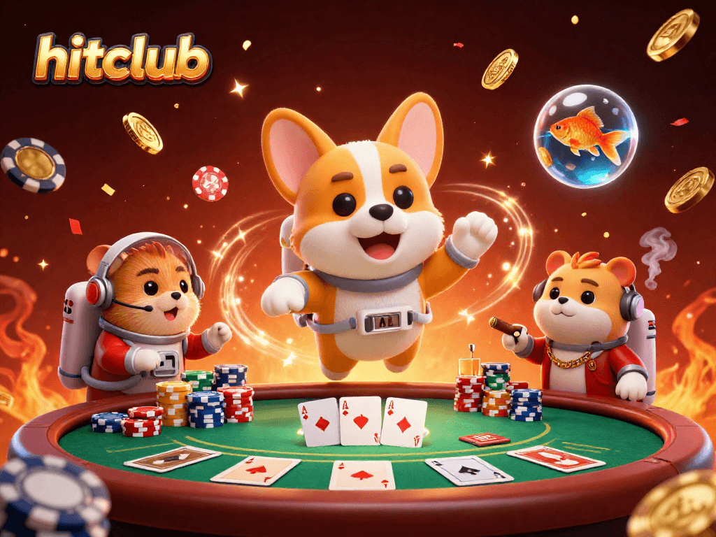 Experience the thrilling excitement at hitclub with a cartoon astronaut corgi floating in a casino