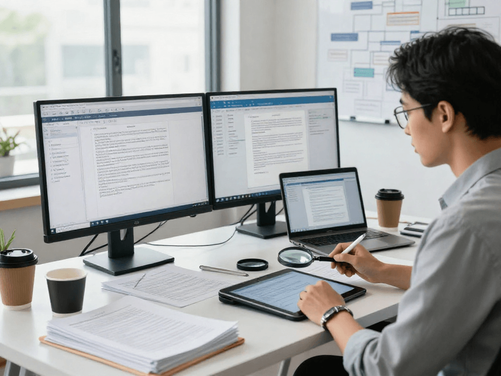 Document fraud detection analyst examining digital documents with advanced forensic tools in a modern office.