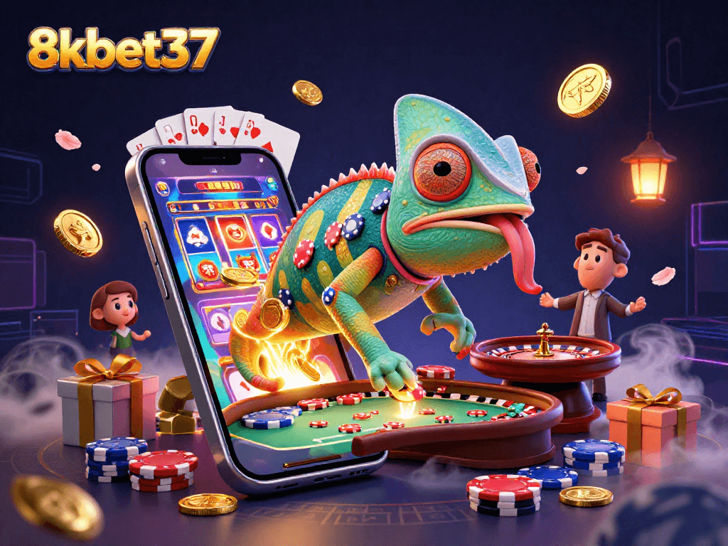Engage with vibrant gameplay at 8kbet37, featuring a lively chameleon casino owner amid golden winnings.