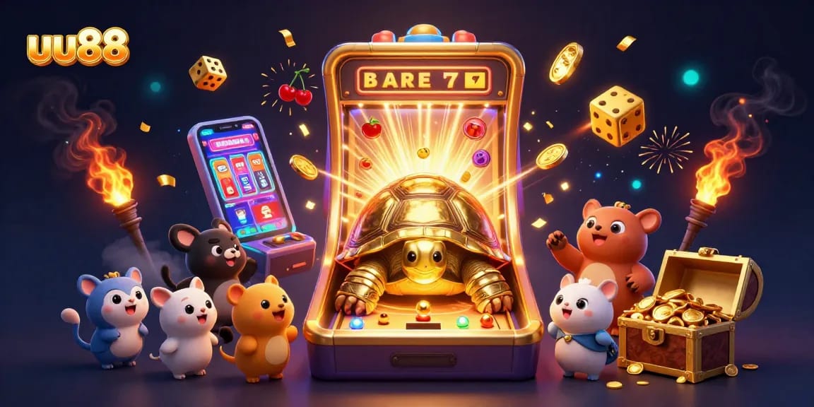 Experience thrilling slots with uu88's golden tortoise and jackpot magic in a vibrant casino scene.