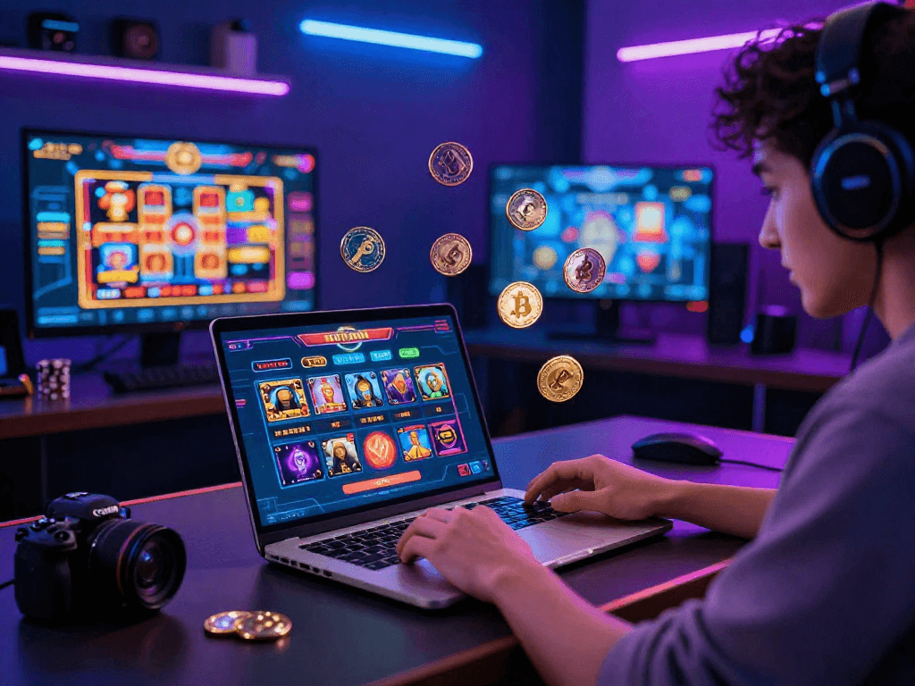 Exciting crypto casino gaming scene with user engaged in virtual gambling, illuminated by neon lights.