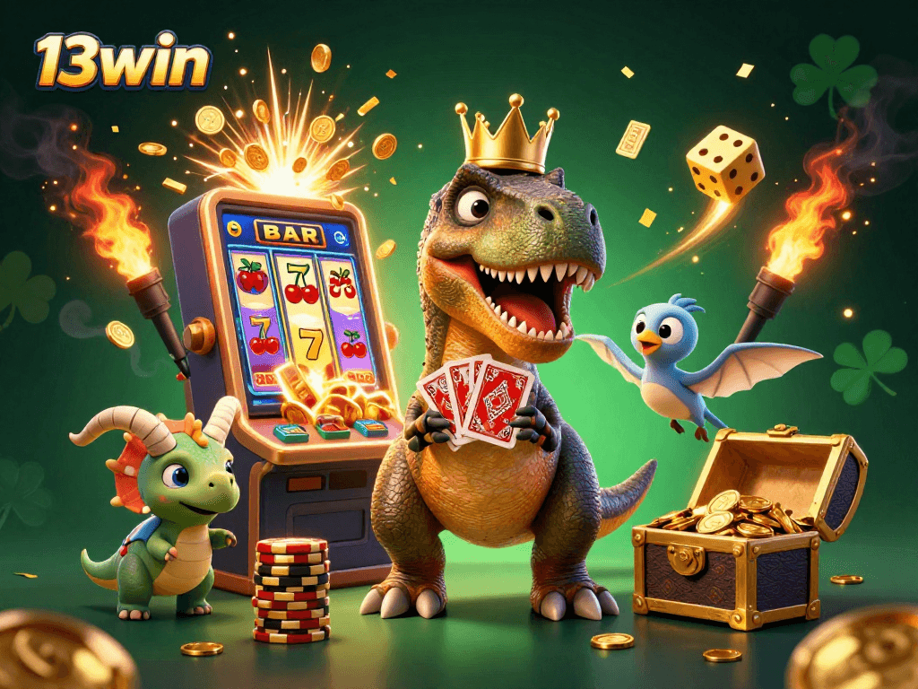 Experience thrilling gameplay at 13win, where a friendly T-Rex hilariously shuffles cards amidst a rich, vibrant casino scene.