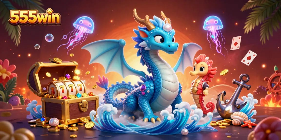Experience thrills with 555win's captivating casino-themed illustration featuring a dragon, seahorse knight, and rich gaming elements.