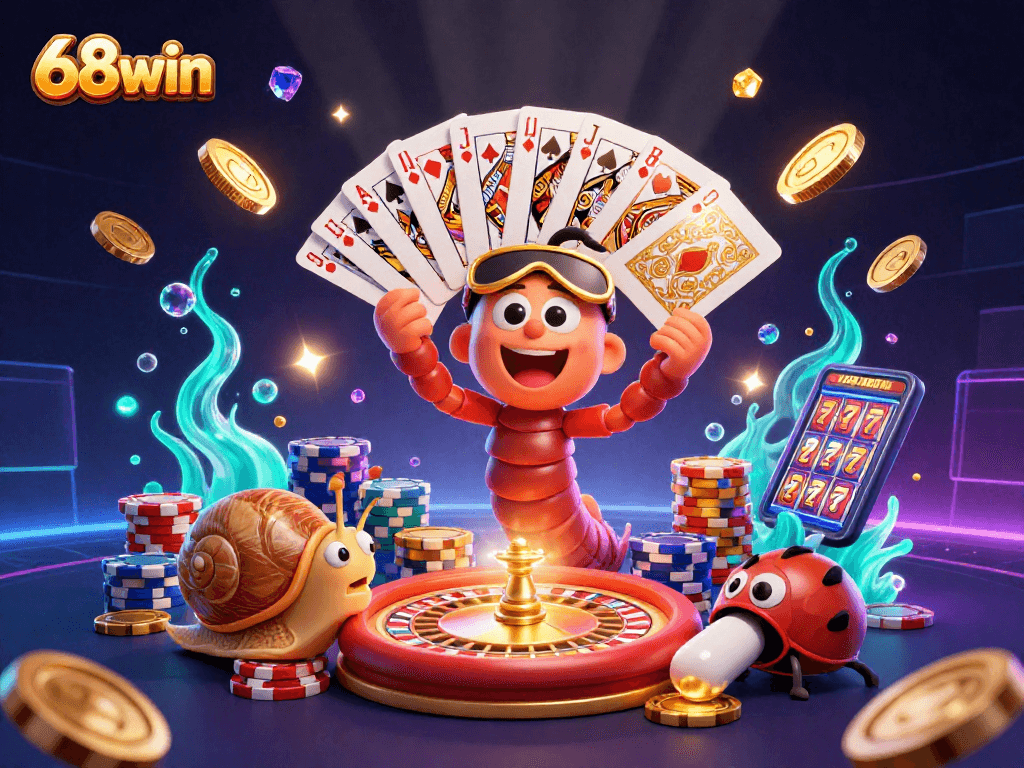 Experience thrilling gaming at 68win with a colorful casino scene featuring a millipede dealer and abundant prizes.