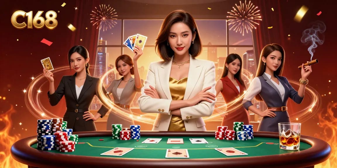 Join the excitement at C168 with a powerful businesswoman in casino elegance, surrounded by poker gameplay.