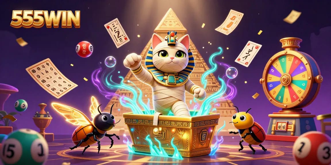 Experience the excitement of 555WIN with a cat-themed casino adventure featuring colorful lottery elements and vibrant characters.